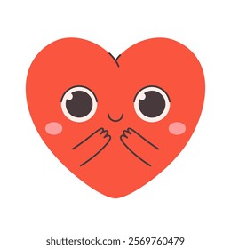 Cute heart character with emotions. Perfect for Valentines Day designs, cards, logo, decorations. Concept of love, romantic, self love. Hand drawn vector illustration in flat style