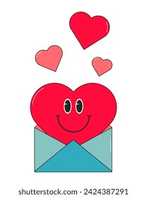 Cute heart character in an envelope in retro style. 70s. Groovy style postcard. Valentine's Day, congratulations, declaration of love. Sticker, poster, scrapbooking, t-shirt design.