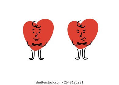 Cute heart character folded arms across the chest. Hand drawn cartoon mascot with different facial expression and body posture for health campaigns, promotions, educational materials. Editable stroke