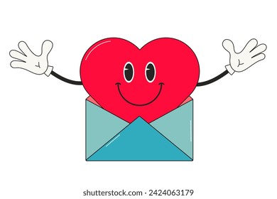 Cute heart character with hands in an envelope in groovy style. 70s. Retro style greeting card. Valentine's Day, congratulations, declaration of love. Sticker, poster, scrapbooking, t-shirt design. 