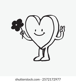 Cute heart character holding a flower, smiling, and making a peace sign. Adorable and cheerful heart design with a friendly vibe. Simple isolated black line art doodle vector.