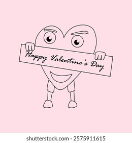 Cute heart character holding a "Happy Valentine's Day" sign. Simple line art on a pink background. Ideal for greeting cards and festive designs.