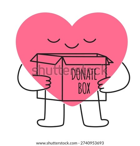 Cute heart character holding open donation cardboard box. Simple hand drawn love and help to charity doodle. Mascot volunteer, support concept icon. Vector illustration