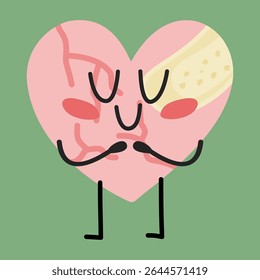 Personagem de coração bonito se abraçando com uma bandagem de cura. Representa autoaceitação e recuperação emocional. Ideal para conscientização em saúde mental, visuais de terapia e conteúdo inspirador.