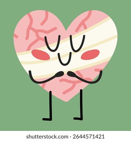 Personagem de coração bonito se abraçando com uma bandagem de cura. Representa autoaceitação e recuperação emocional. Ideal para conscientização em saúde mental, visuais de terapia e conteúdo inspirador.