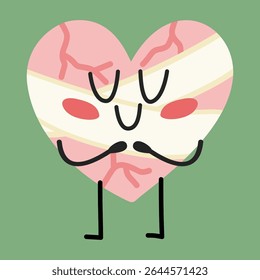 Cute heart character hugging itself with a healing bandage. Represents self-acceptance and emotional recovery. Ideal for mental health awareness, therapy visuals, and inspirational content.