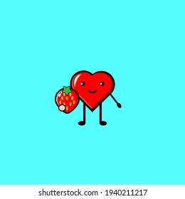 Cute heart character illustration design carrying strawberries