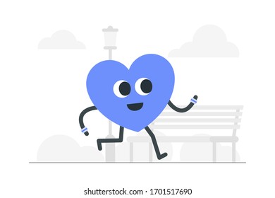 Cute heart character jogging in the park. Mental health concept illustration. 