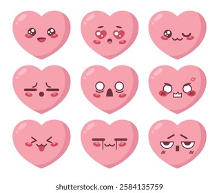 Cute heart character manga emoji set. Heart cartoon mascot emoji icons. Vector illustration