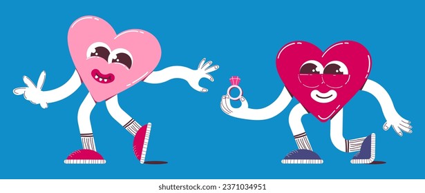 Cute heart character proposes marriage in retro cartoon style. Trendy, Colorful, Valentine's Day Heart Mascot Vector Illustration.