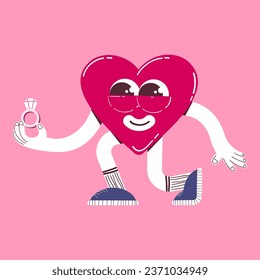 Cute heart character proposes on his knee, with engagement ring in retro cartoon style. Trendy, Colorful, Valentine's Day Heart Mascot Vector Illustration.
