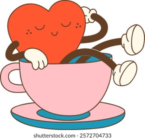 Cute heart character relaxing in tea cup, expressing joy and comfort