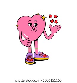 Cute heart character sends little hearts as a form of love. Cartoon style. Trendy vector illustration.