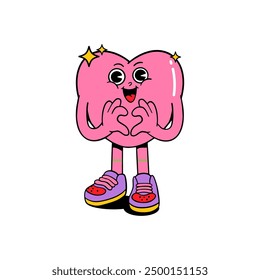 Cute heart character shows you a heart. Cartoon style. Trendy vector illustration.