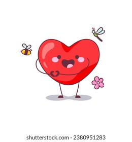 Carácter de corazón lindo con signo de corazón. Corazón de mascota de San Valentín con piernas, manos y cara. Ilustración de dibujos animados aislados por vectores para Emoji el 14 de febrero, tarjeta postal de San Valentín, tarjeta de historias de amor impresa