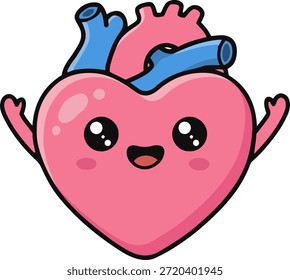 Personagem de coração bonito com rosto sorridente e detalhes inspirados anatomicamente, mascote médico kawaii para a saúde e o amor, ilustração vetor plana