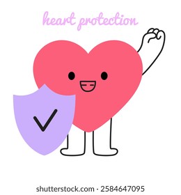 Cute heart character standing with shield and checkmark. Simple flat doodle style mascot symbol protection, safety, defense, insurance, security concept. Isolated vector illustration