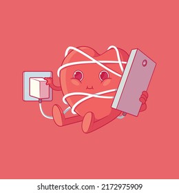 Carácter de corazón lindo usando ilustración vectorial Smartphone. Gracioso, concepto de comunicación, diseño tecnológico.