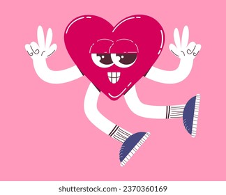 Cute heart character. Vector illustration of a heart mascot in retro cartoon style. Concept for Valentine's Day.