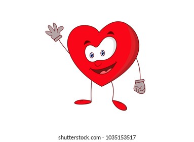 Cute Heart Character Waving Hand . Vector Illustration. Isolated on white background.