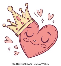 A cute heart character wearing a crown, exuding joy and charm.