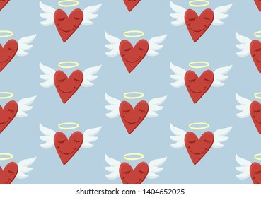 cute heart character with wings seamless pattern on blue background vector 
