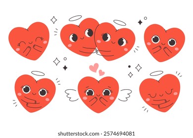 Cute heart characters with emotions. Perfect for Valentines Day designs, cards, logo, decorations. Concept of love, romantic, date. Hand drawn vector illustration in flat style