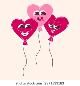 Cute heart characters in the form of balloons with funny faces. Vector retro cartoon illustration.