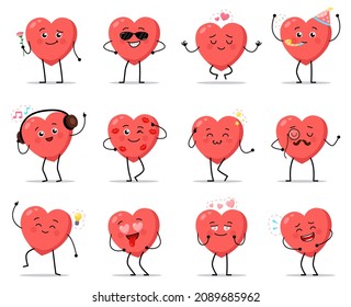 Cute heart characters. Funny love signs mascots in different poses. Positive emotions. Smiling romantic holiday symbols. Isolated Valentine icons actions. Vector happy amour avatars set