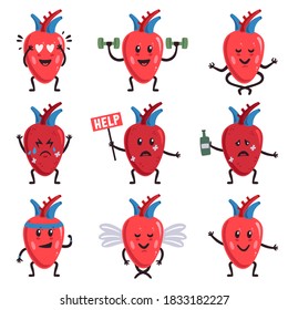 Cute heart characters. Healthy and sick unhealthy cute heart characters, medical human organ, sad and happy heart organ vector illustration set. Exercising with dumbbells, drinking from bottle