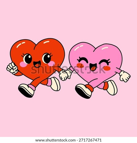 Cute heart characters holding hands and running