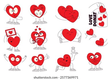 Cute heart characters set in flat graphic design. Collection elements of romantic valentines mascots gesturing with different emotions, love couple hugging, giving love, other. Vector illustration.