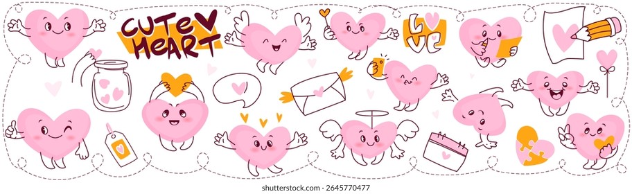 Caracteres cardíacos bonitos definidos. Adesivos com símbolos românticos cor-de-rosa de amor, ternura, paixão e sentimentos. Elementos de design para Valentines Day. Coleção de ilustrações de vetor plana isolada no plano de fundo