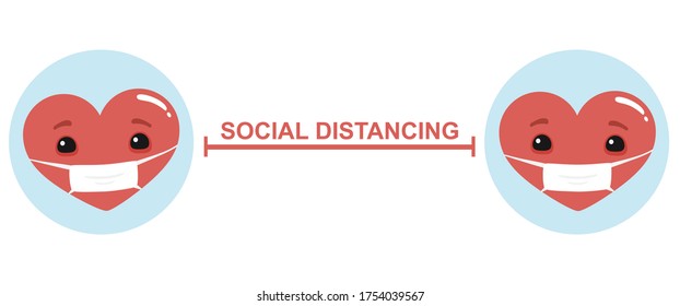 Cute heart characters with social distancing.Vector illustration of social distance sign with cute hearts.