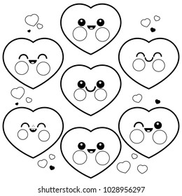 Cute heart characters. Vector black and white coloring page.