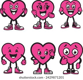 Lindo corazón personajes vector ilustración paquete sobre un fondo blanco. Símbolos de amor de color magenta rosa con caras diferentes poses manos y pies en zapatos.