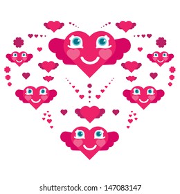 Cute heart characters with wings in the shape of heart. Valentine Day. Vector illustration. 