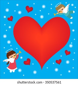 cute heart christmas card in vector background with small snow angel in new year for website and mobile