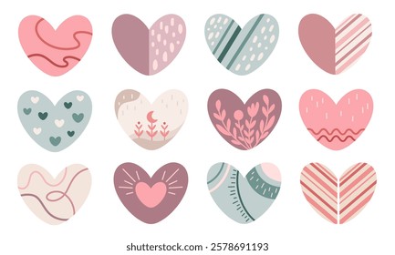 Cute heart clipart. Valentines day clipart. Valentine hearts in cartoon flat style. Love clipart. Hand draw vector illustration