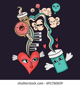 Cute heart with coffee poster with candy and clouds for print, posters, valentines