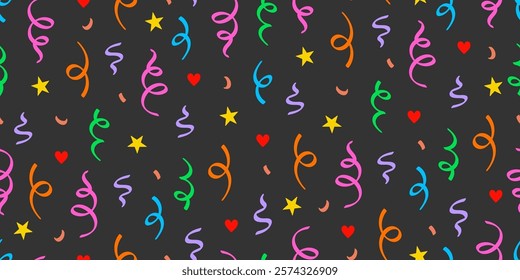 Cute heart confetti pattern background. Birthday decoration confetti, heart element cute seamless pattern. Childish color abstract decoration element background. Vector illustration.