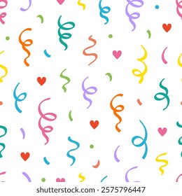 Cute heart confetti pattern background. Birthday decoration confetti, heart element cute seamless pattern. Childish color abstract decoration element background. Vector illustration.