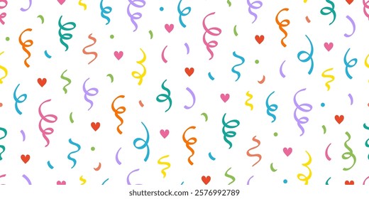 Cute heart confetti pattern background. Birthday decoration confetti, heart element cute seamless pattern. Childish color abstract decoration element background. Vector illustration.