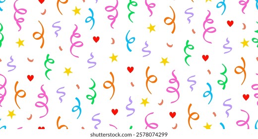 Cute heart confetti pattern background. Birthday decoration confetti, heart element cute seamless pattern. Childish color abstract decoration element background. Vector illustration.