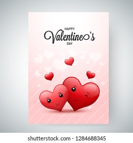 Cute heart couple on shiny pink background for Happy Valentine Day greeting card design.