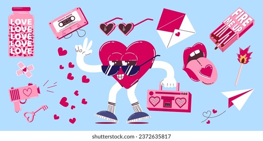 Cute heart and cupid characters for valentine's day in retro cartoon style. Colorful pink clipart of different elements for Valentine's Day. Trendy mascot design.