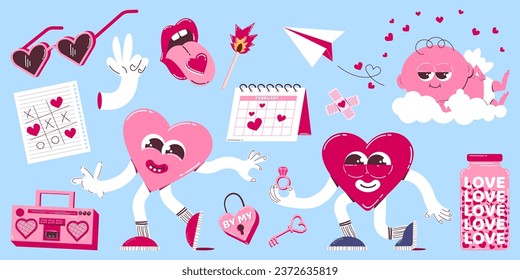 Cute heart and cupid characters for valentine's day in retro cartoon style. Colorful pink clipart of different elements for Valentine's Day. Trendy mascot design.