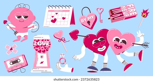 Cute heart and cupid characters for valentine's day in retro cartoon style. Colorful pink clipart of different elements for Valentine's Day. Trendy mascot design.