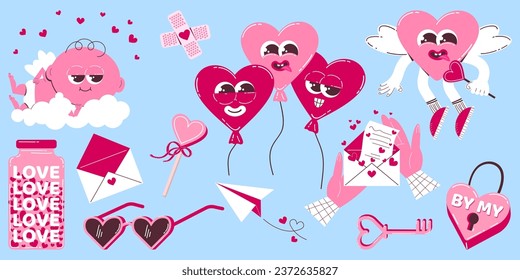 Cute heart and cupid characters for valentine's day in retro cartoon style. Colorful pink clipart of different elements for Valentine's Day. Trendy mascot design.