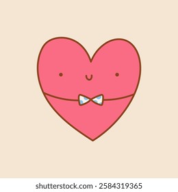 Cute Heart Doodle art. Pink heart with a bow tie. Vector illustation on a isolated background